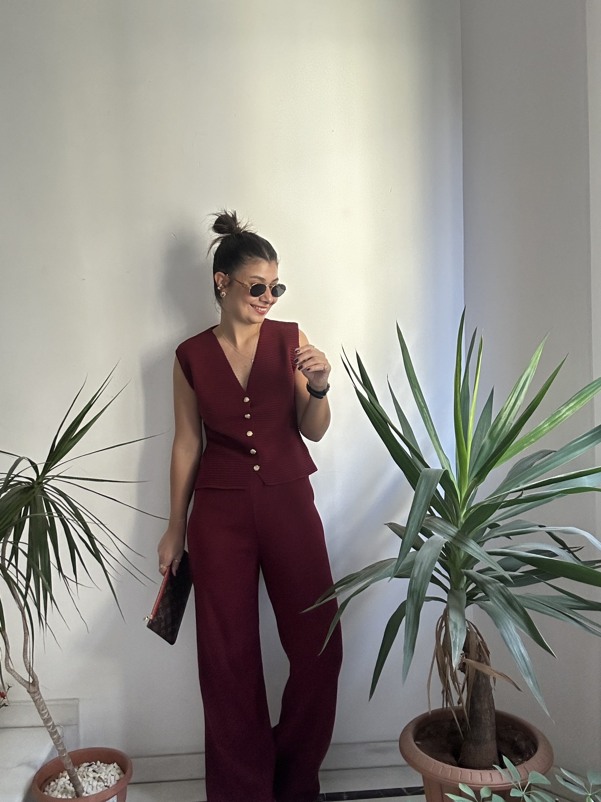 Bordo Yelekli Triko Takım