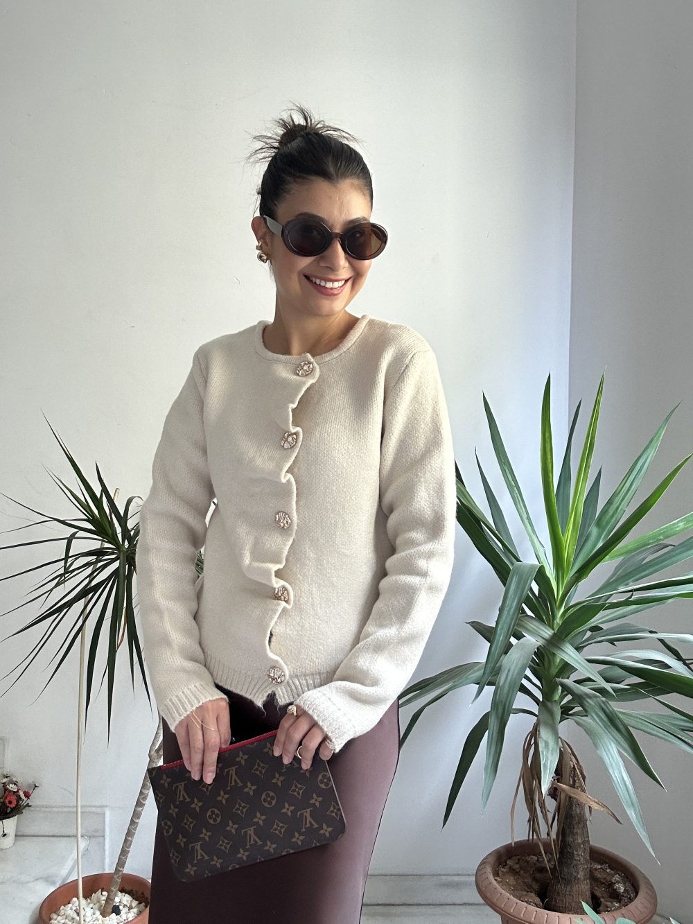 Taş Renkli Gold Düğme Detaylı Hırka