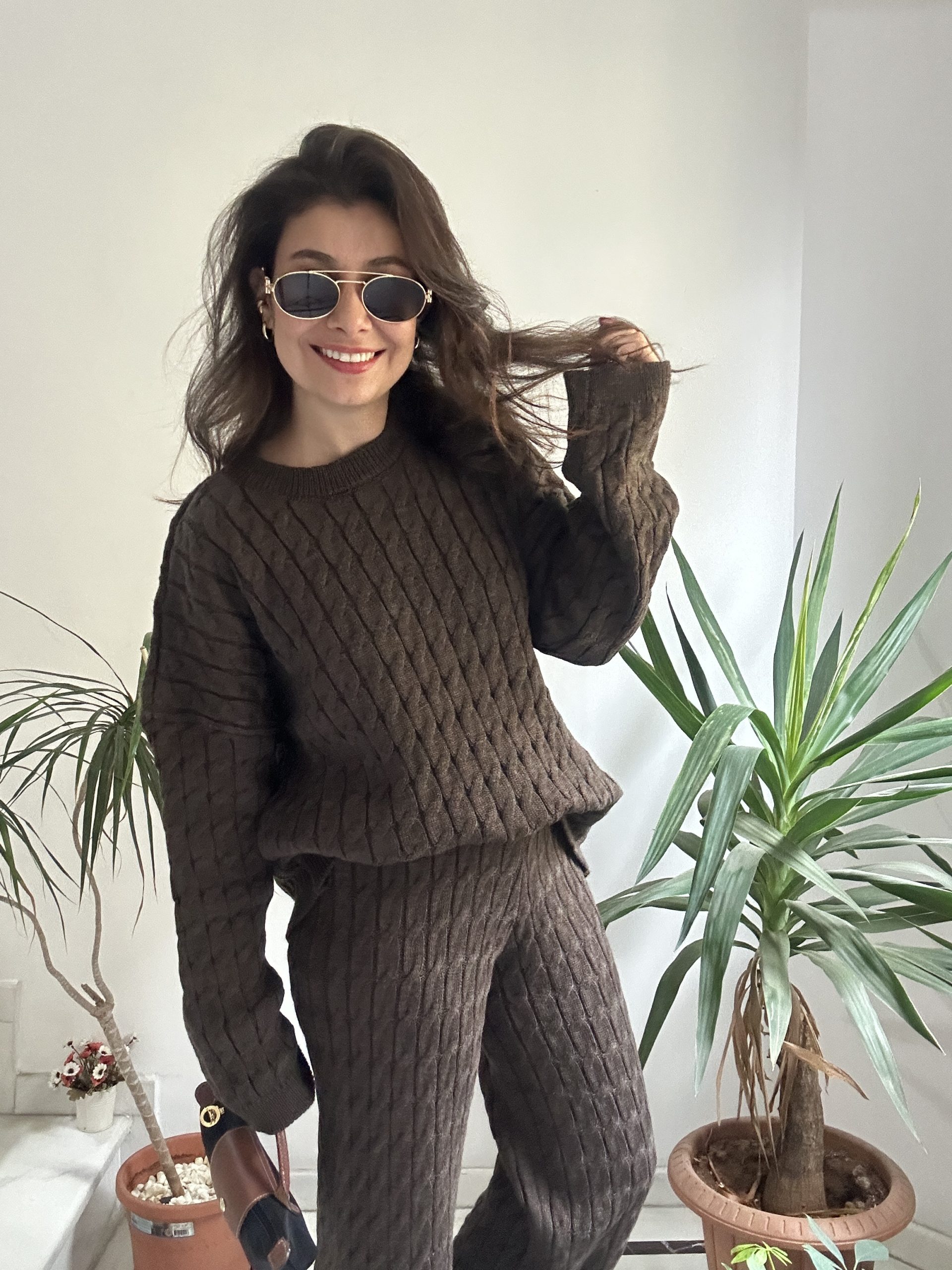 Kahverengi Örgülü Triko Takım - Görsel 4