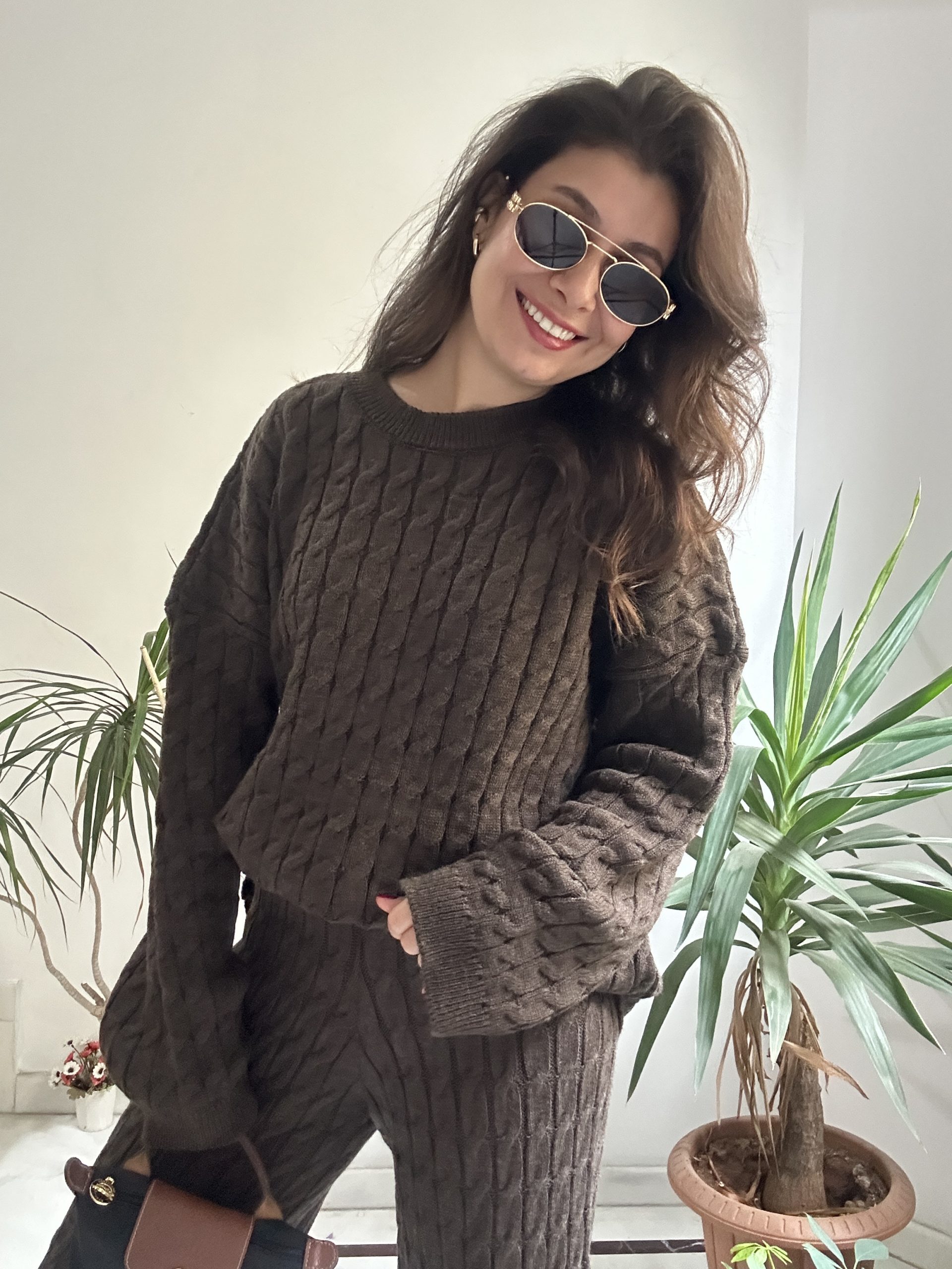 Kahverengi Örgülü Triko Takım - Görsel 5